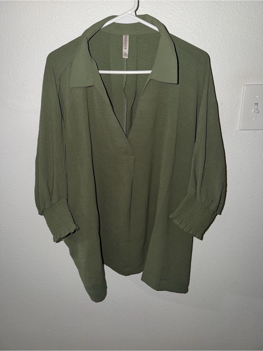 Zenana Outfitters Olive Green V-Neck Tunic with Smocked Cuffs Oversized NWOT